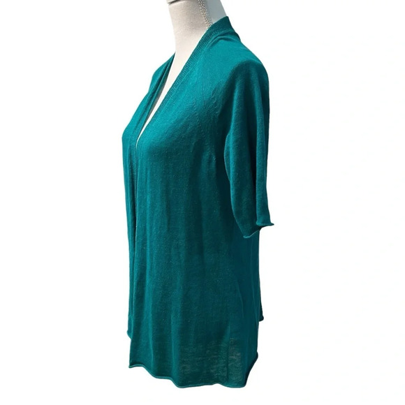 Eileen Fisher Teal Green Open Front Short Sleeve Organic Linen Cardigan Size PP - Picture 2 of 13